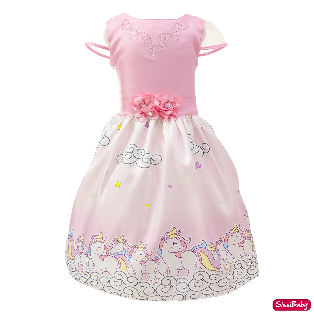 Vestido Infantil Unicórnio Encantado Rosa Cute Festa Aniversário