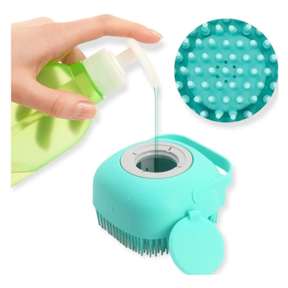 Escova De Silicone Para Banho PETS/ Massagem Com Dispenser Para Shampoo