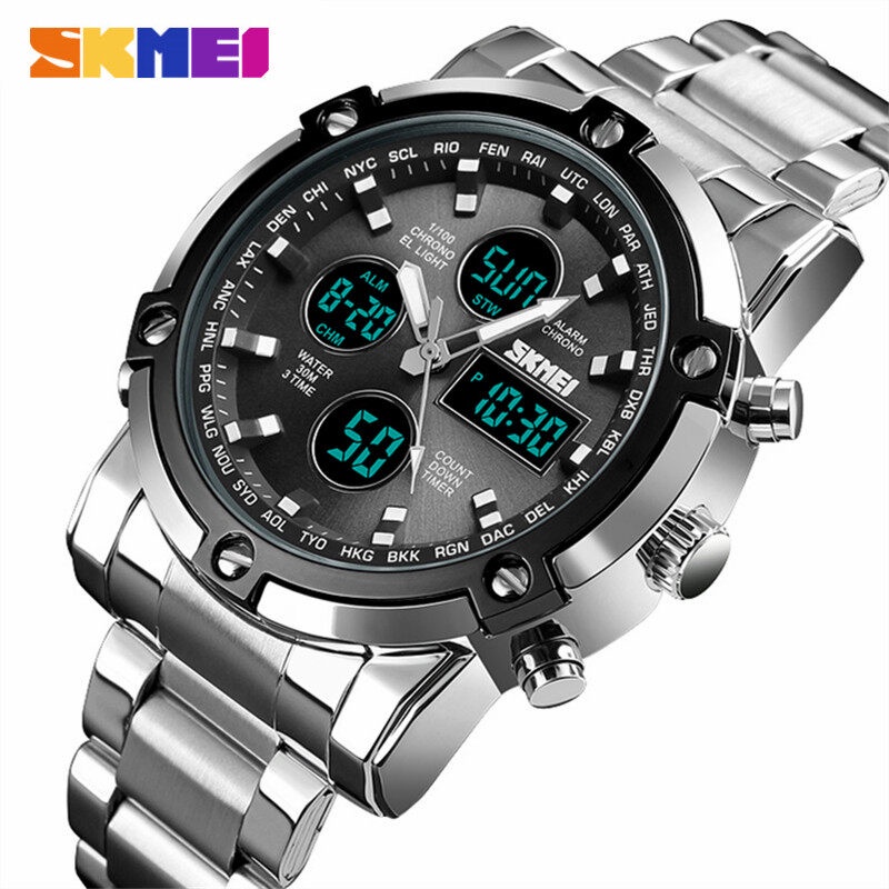 SKMEI Homens 1389 Relógio Multifuncional De Marca De Luxo Relógios Masculinos De Moda Em Aço Inoxidável Cronógrafo Digital LED De Quartzo Esportivo Para Militares Impermeáveis Com Mostrador Duplo