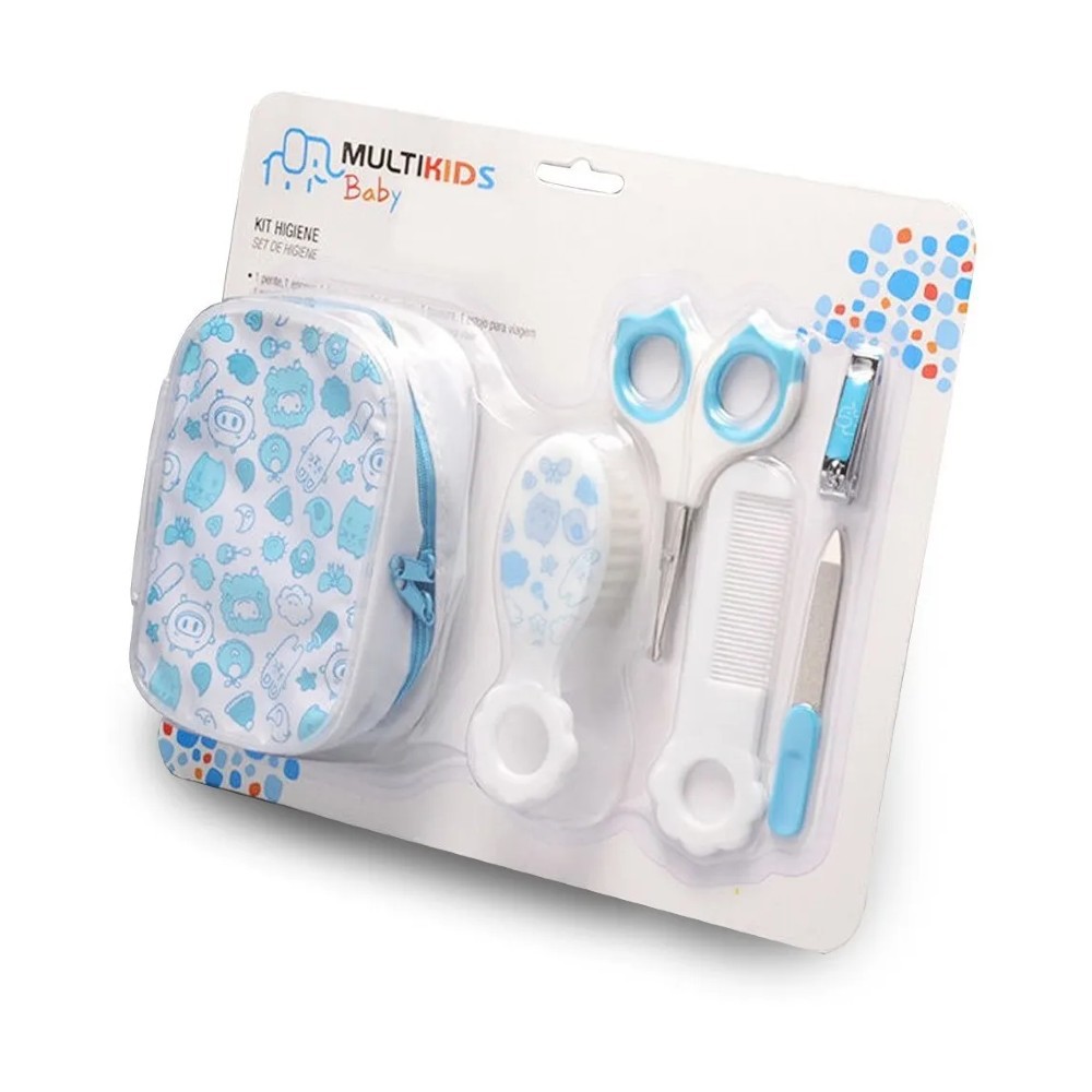 Kit Higiene Bebe Multikids Baby Azul Com Estojo Tesoura Cortador Lixa Pente Escova 6 Pcs