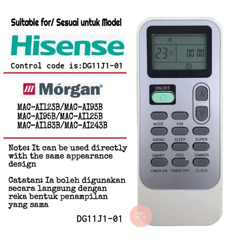 Controle Remoto De Substituição De Ar Condicionado Hisense/Morgan DG11J1-01