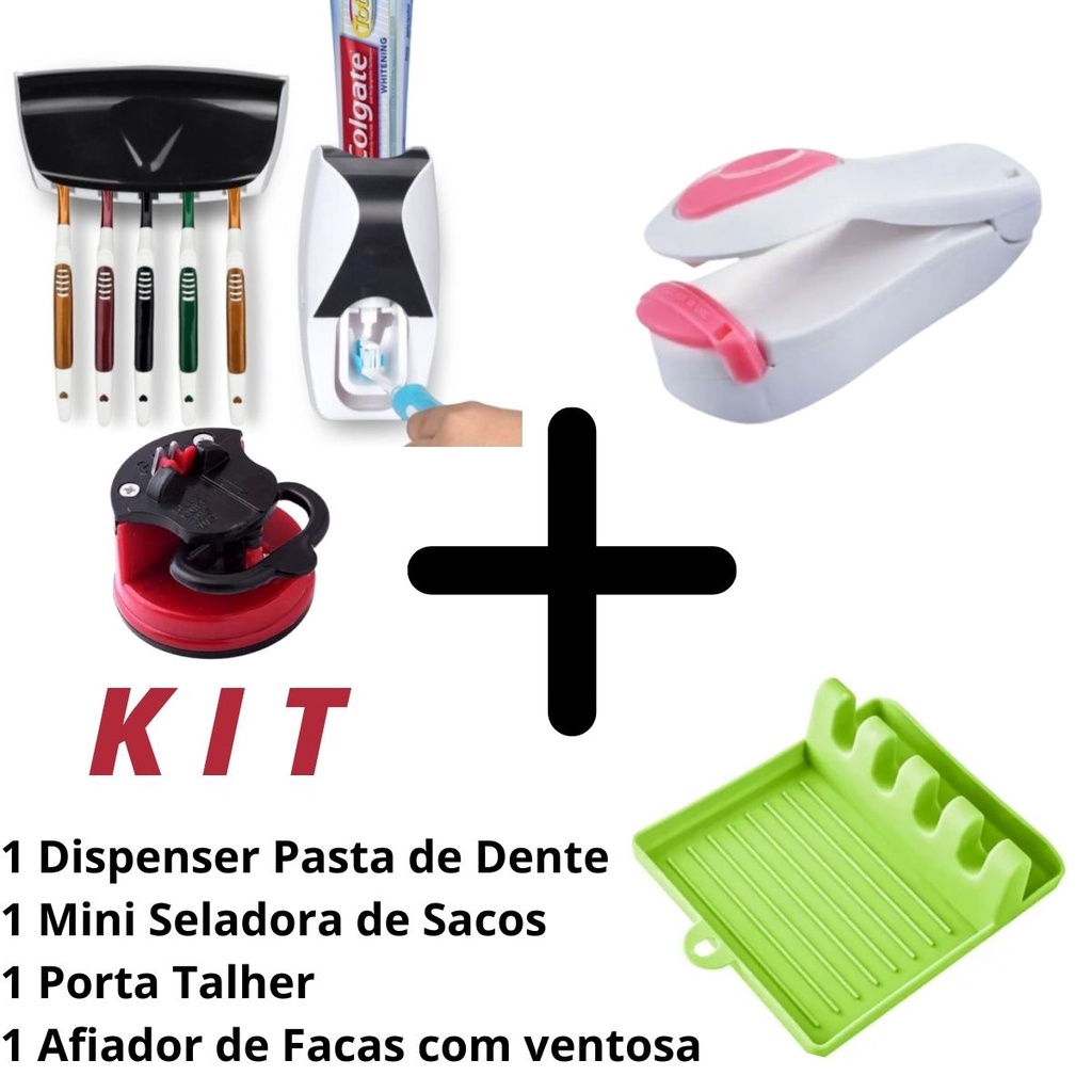 Kit com Mini Seladora de Sacos, Afiador de Facas Tesoura com ventosa, Dispenser de Pasta de dente e Suporte para Talher