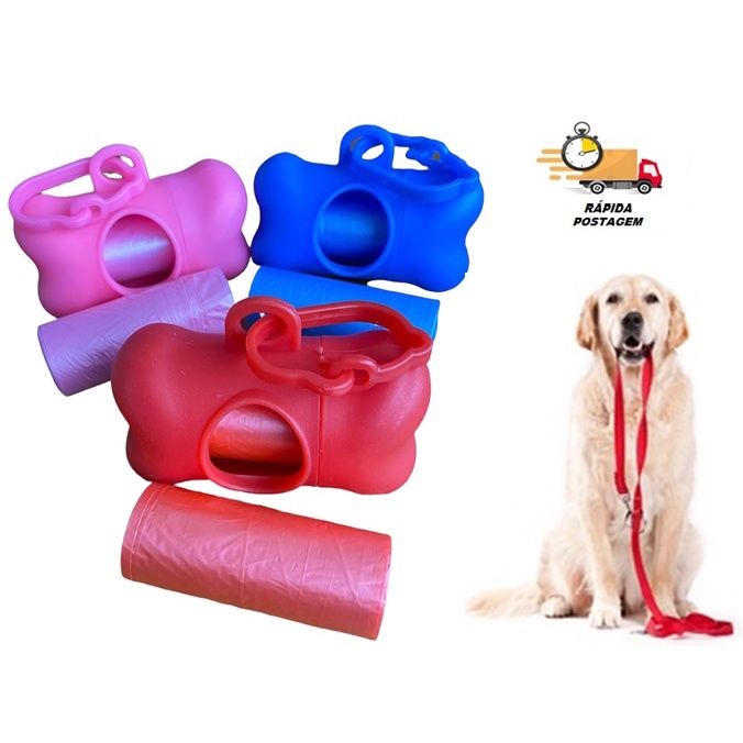 Kit Cata Caca Suporte Porta Saquinho Pet Coletor de Fezes + 1 Refil Sacos Plástico 15 Unidades 30x26cm, Biodegradável Para Cão Cachorro e Gato