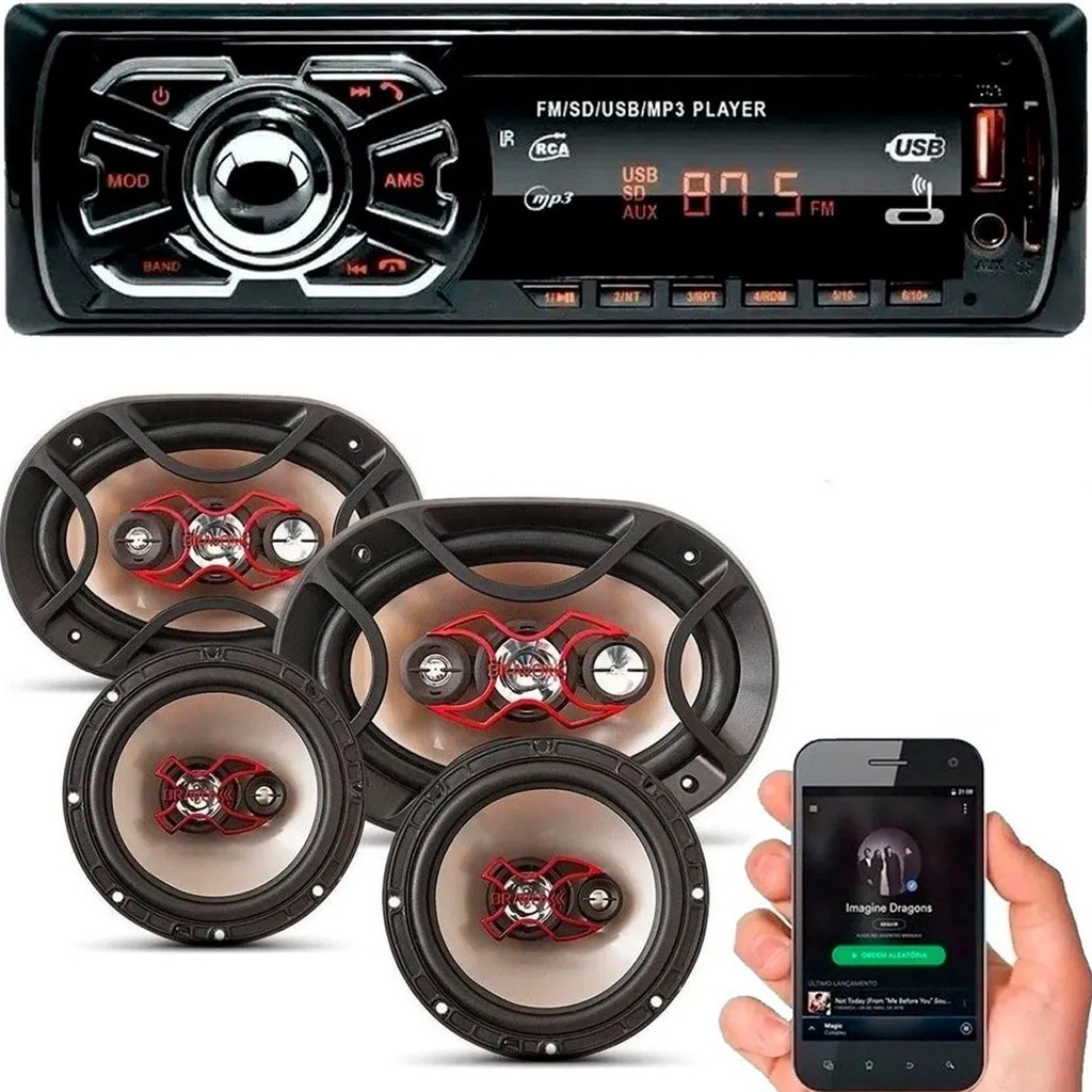 Kit Som Automotivo Bluetooth, Rádio FM e USB e  Auto Falante Bravox 6 + 6x9 69 - Spare Parts and Accessories for Vehicles