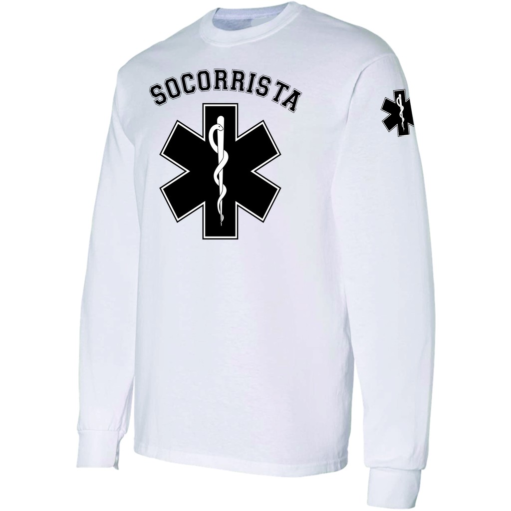 camiseta socorrista profissional que salva vidas, manga longa branca estampada.