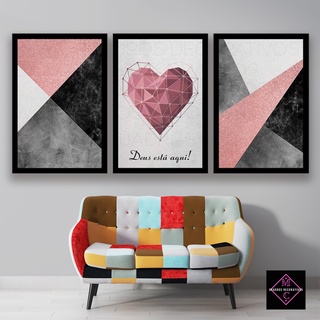 Kit Quadros Decorativos de Parede Feminino 3 Peças Mosaico Mdf Geométricos Minimalista MC01
