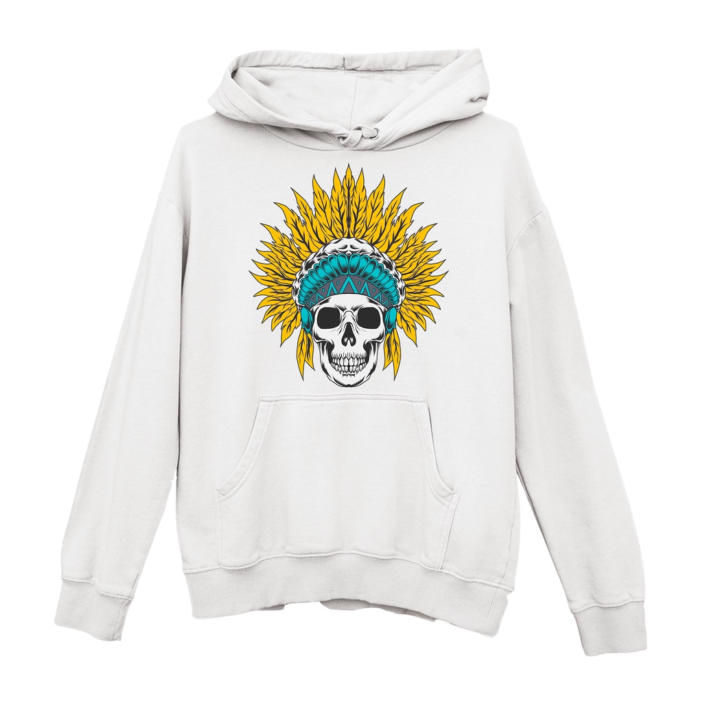 Moletom Canguru Unissex Algodão Cocar Caveira Indio Skull