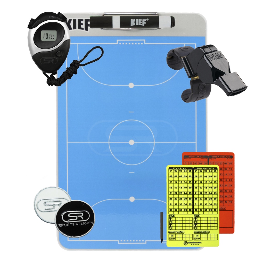 Prancheta Tática Dupla Face Futebol De Salão Kief + Apito Fox 40 Classic Dedal + Cartão De Arbitro + Cronometro - Futsal