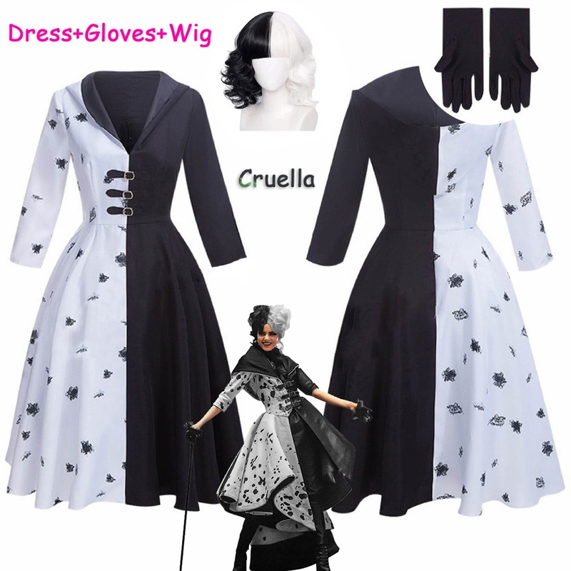Cruella De Vil Cosplay Fantasia 2 Estilos Vestido Feminino De Camareira Preto Branco Com Luvas Saia Capuz Perucas Festa De Halloween em Oferta na Shopee
