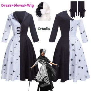 Cruella De Vil Cosplay Fantasia 2 Estilos Vestido Feminino De Camareira Preto Branco Com Luvas Saia Capuz Perucas Festa De Halloween em Oferta na Shopee