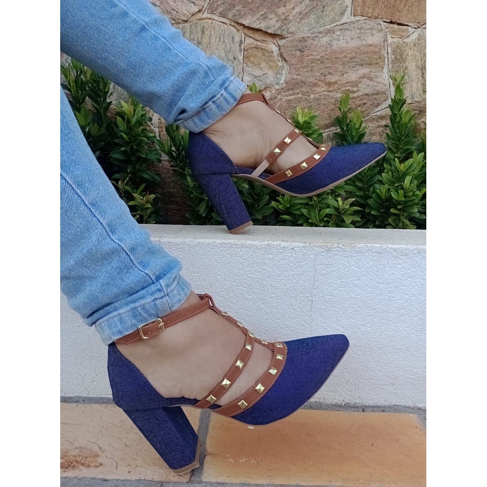 Calçados Feminino Bella Moça Scarpin Piramide Jeans com Marron Bloco em Oferta na Shopee