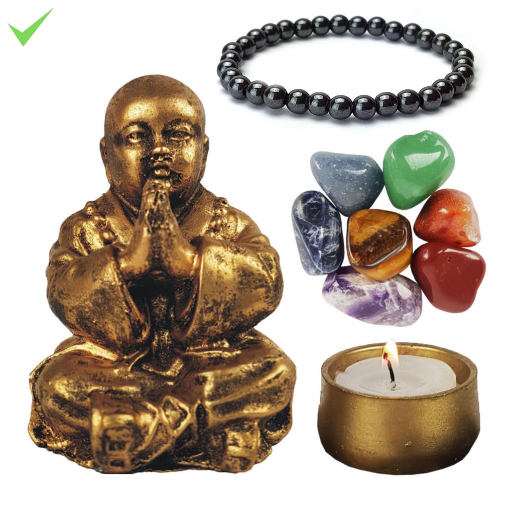 Imagem Estatua Buda Chines Orando Zen Chakras Pulseira Porta Vela