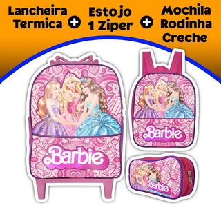 Mochila Escolar de Rodinhas para Meninas: Kit com Lancheira Térmica e Estojo 1 Zíper Barbie Pink 1zp