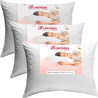 Kit 3 Travesseiro Antialérgico Percal 180 Fios Ecoplumas Fibra Siliconada Macio Lavável 50x70x14cm BF Colchões