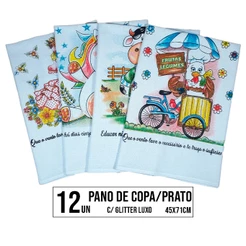 Kit 12 Pano de Copa Prato Estampado Luxo Acabamento em Glitter Decoração Cozinha Casa