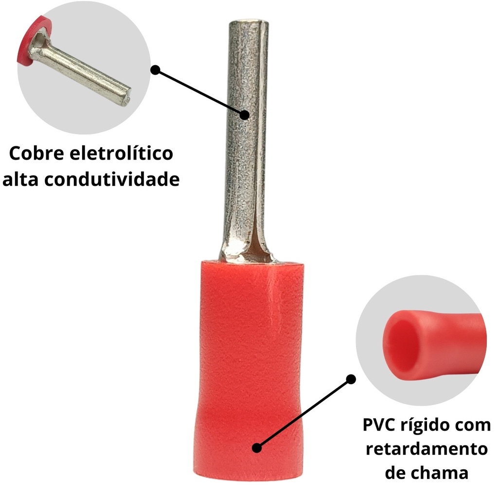 TERMINAL PINO ISOLADO 0,5 A 1,5MM² LONGO VERMELHO 10 UNID · foto 2