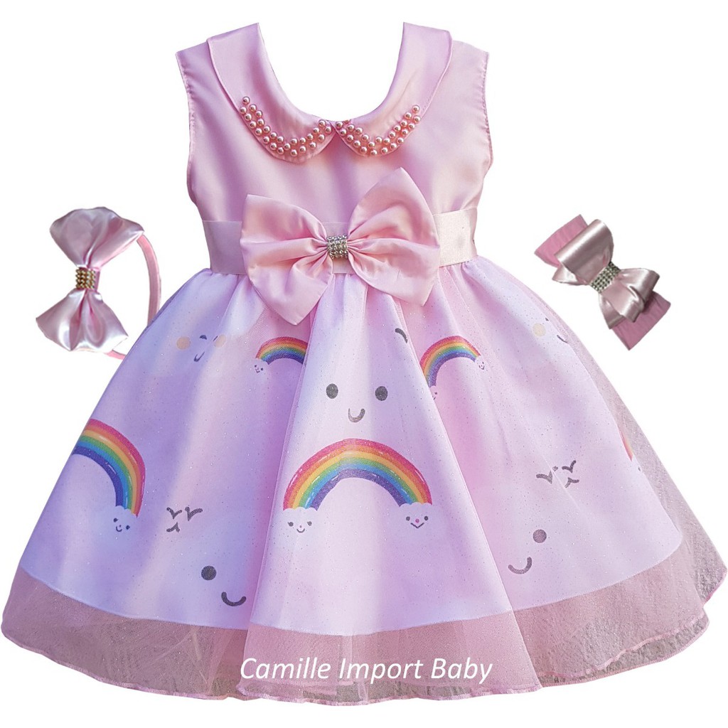 Vestido Infantil Menina Arco-íris Para Festa Aniversario Com Faixa E Tiara
