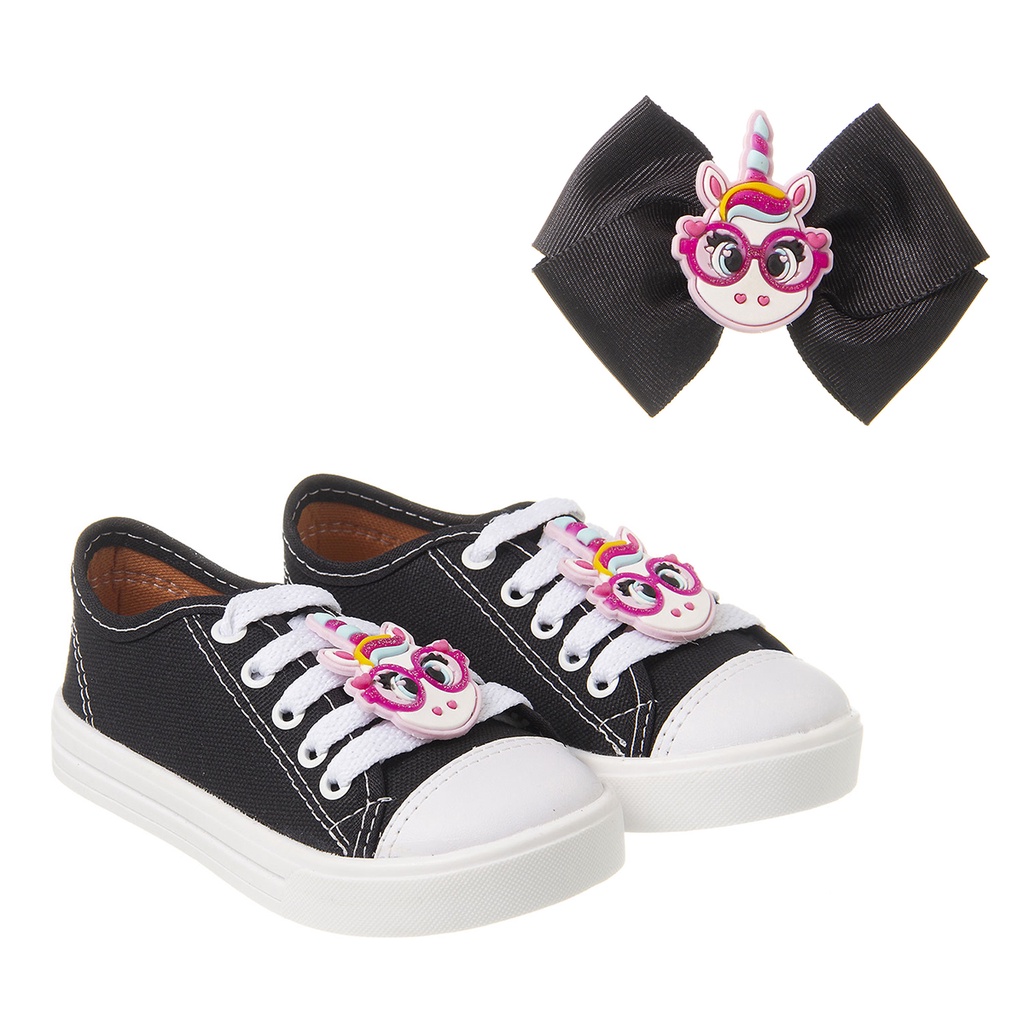 Tênis Infantil Feminino Enfeite Personagem unicornio Sapatenis cadarço menina Barato Volta Aulas com laço cabelo brinde