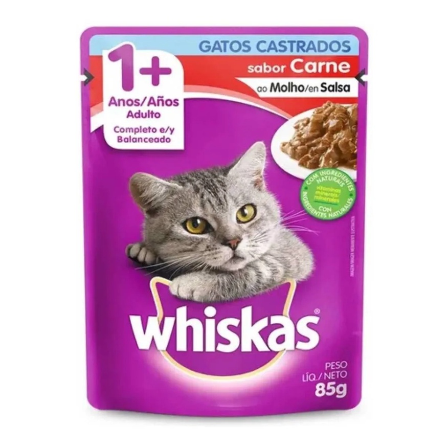 Alimento Úmido Sachê Whiskas Para Gatos Castrados Adultos Sabor Carne Ao Molho - 85g