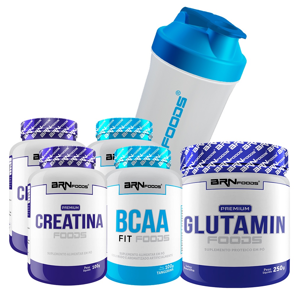 Kit 2x Creatina Foods 100g + 2x BCAA Foods 100g + Glutamina 250g + Coqueteleira - BRN Foods