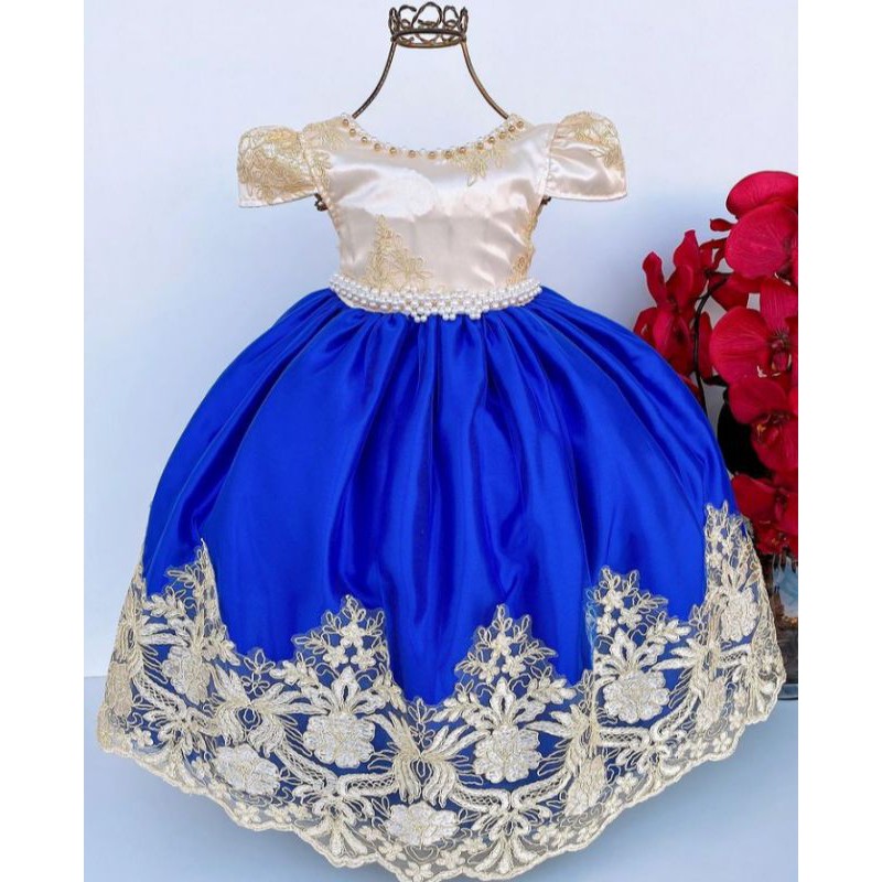 Vestido Realeza de Festa Luxo Infantil Azul Royal com Renda Dourado,  Daminha | Shopee Brasil