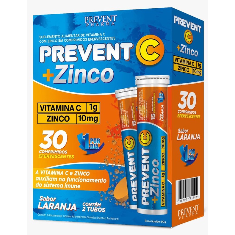 Prevent Vitamina C + Zinco 10mg Efervescente 30 Comprimidos Prevent Pharma em Oferta na Shopee