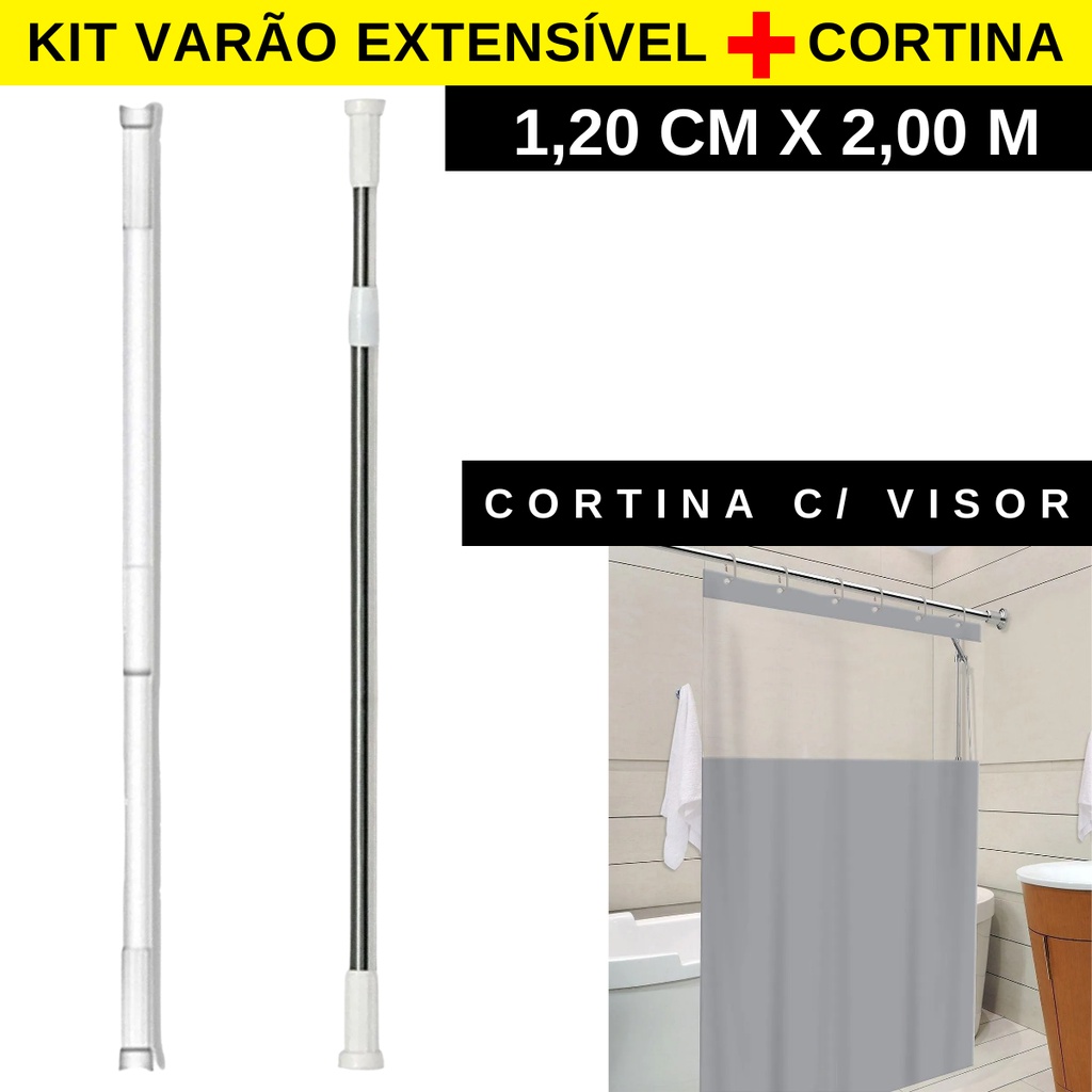 Kit Varão Extensivel Mais Cortina  Box Vinil De Banheiro Se Estende de 1,10m até 2,00m