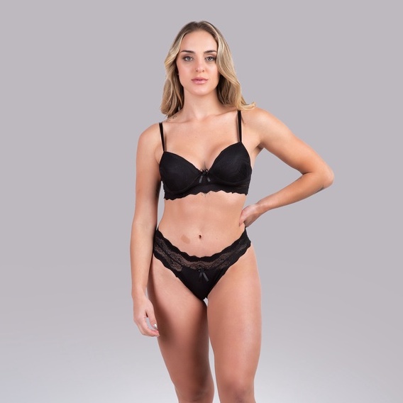 Conjunto Bojo Luxo Lingerie Renda Sensual Calcinha Sutiã Alça Regulável Confortável Cós Alto Fecho Regulável 357