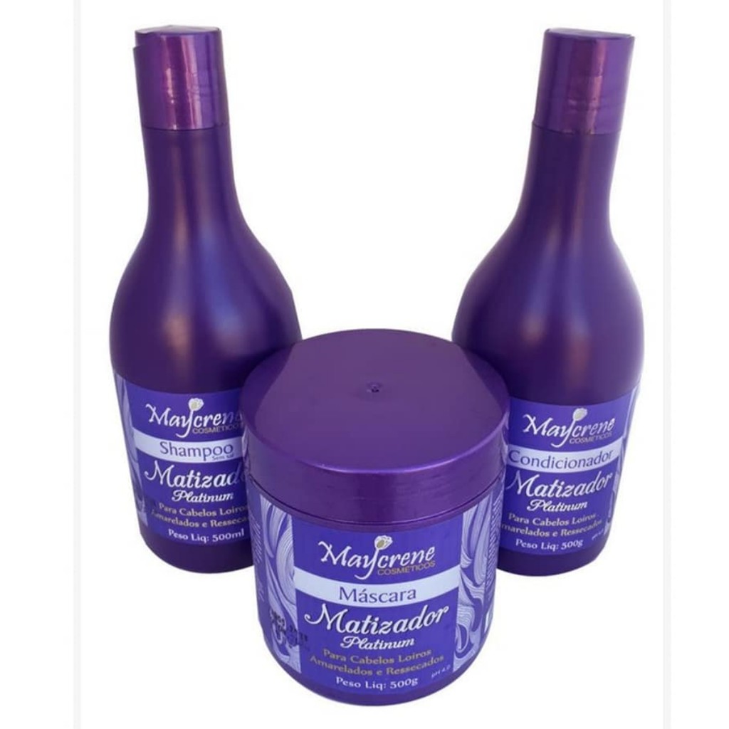 Kit Matizador Maycrene ( Shampoo + Condicionador + Máscara) 500ml cada ideal para cabelos loiros, brancos ou grisalhos. Renova e realça a cor com pigmentos violeta, além de neutraliza o tom amarelado que se acumula nos fios.