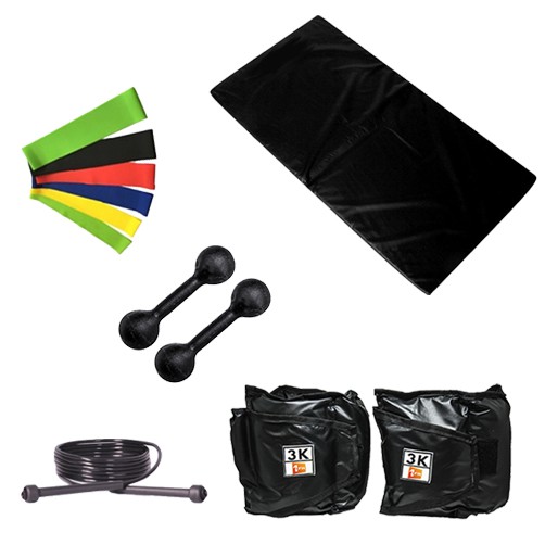 Kit Colchonete Preto + Par de Caneleira Tornozeleira De Peso 3kgs Profissional + Par de Halter Bola Pintado 3kg + 5 Mini Band Elástico para Exercícios + Corda de Pular Ajustável