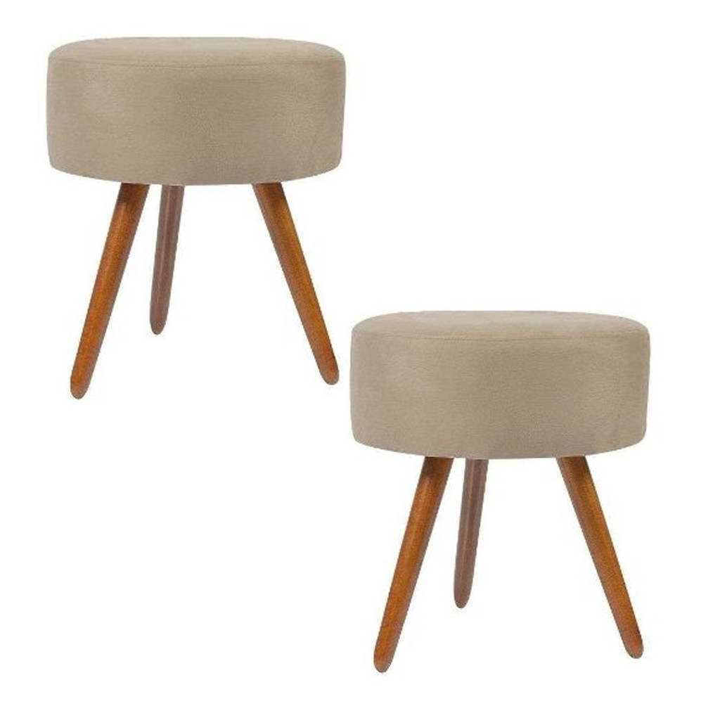 2 Puff Puf Decoração de Sala Banqueta Redondo maquiagem Bege Pés palito