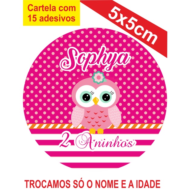 2 Cartelas de Adesivos (30 unidades) Corujinha Personalizados 5x5cm Festa Aniversário Lembrancinha