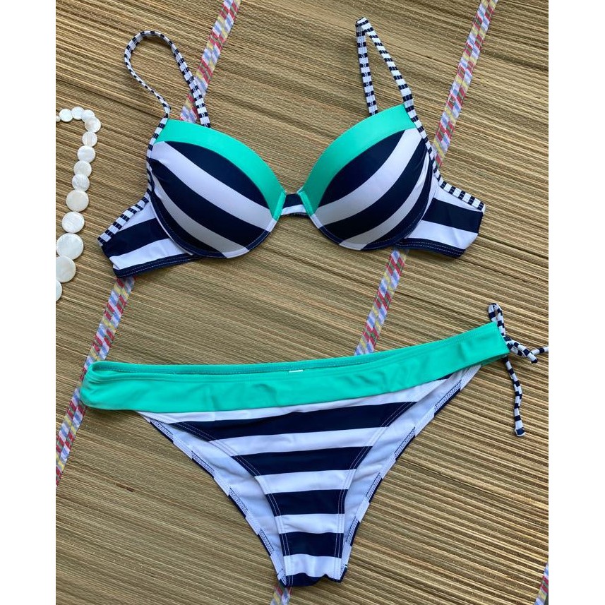 Mundubeach - Biquíni Feminino - Moda Praia Estampada - Listrado - Sutiã Com Bojo Fixo E Fecho Nas Costas, Alças Reguláveis E Calcinha Baixa - Veste Super Bem - Estiloso E Confortável - Tamanho Gg - Forma Internacional