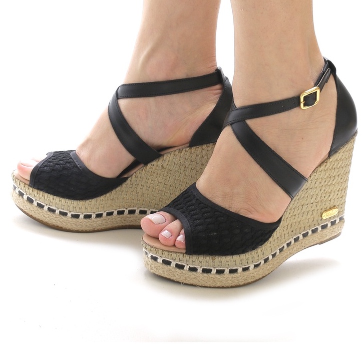 Sandália Feminina em Couro Legítimo SB Shoes Anabela Leve Atemporal Confortável Preto Nude Ref.3207