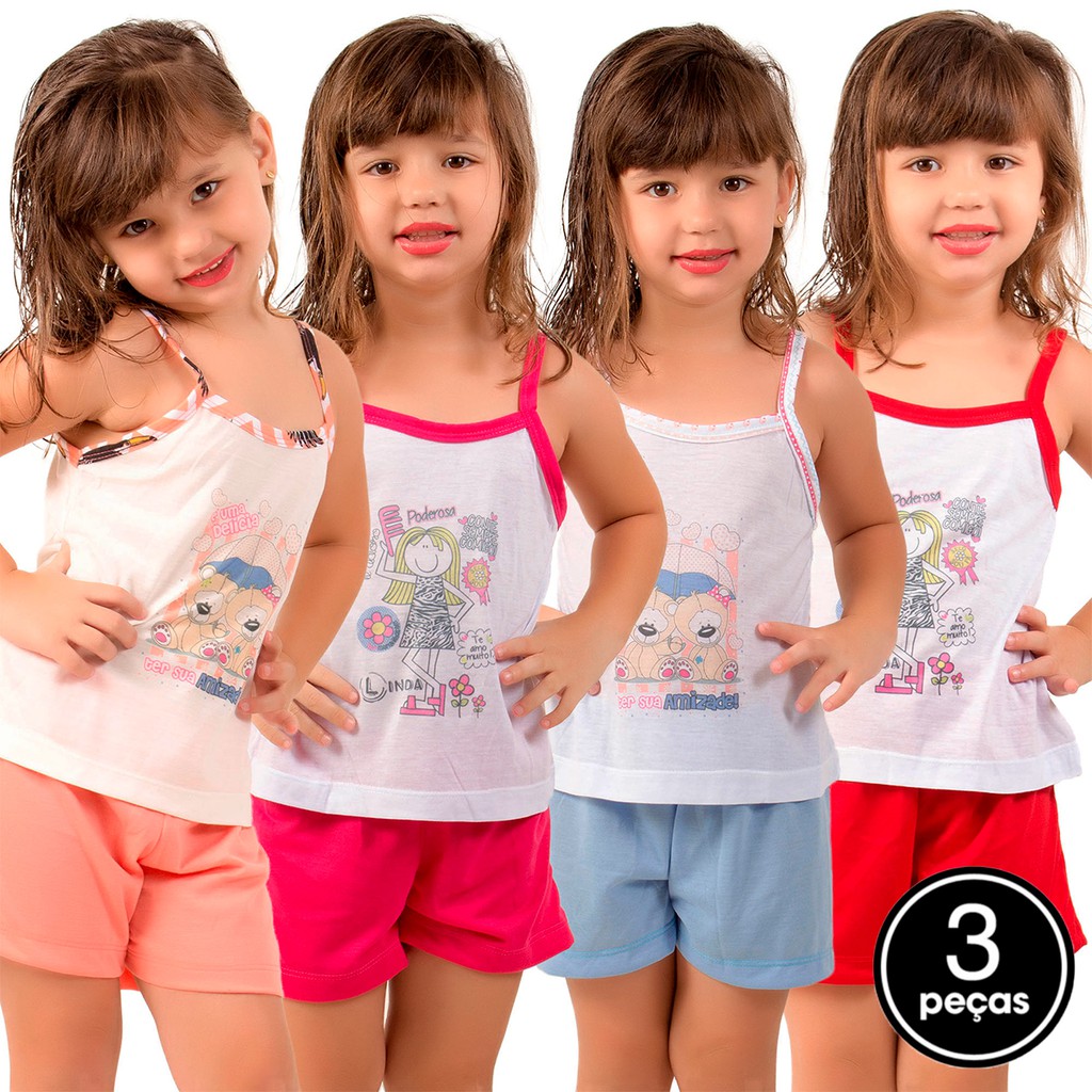 Kit 3 Pijama Curto Camiseta Estampada Menina Infantil  Short Criança Alcinha