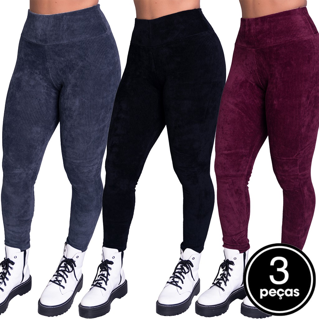 Kit 3 Calça Veludo Inverno Cós Alto Feminina Legging Cintura Alta Tecido Grosso