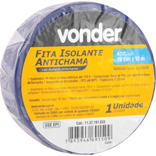 Fita isolante, 19 mm x 10 m, azul, VONDER em Oferta na Shopee