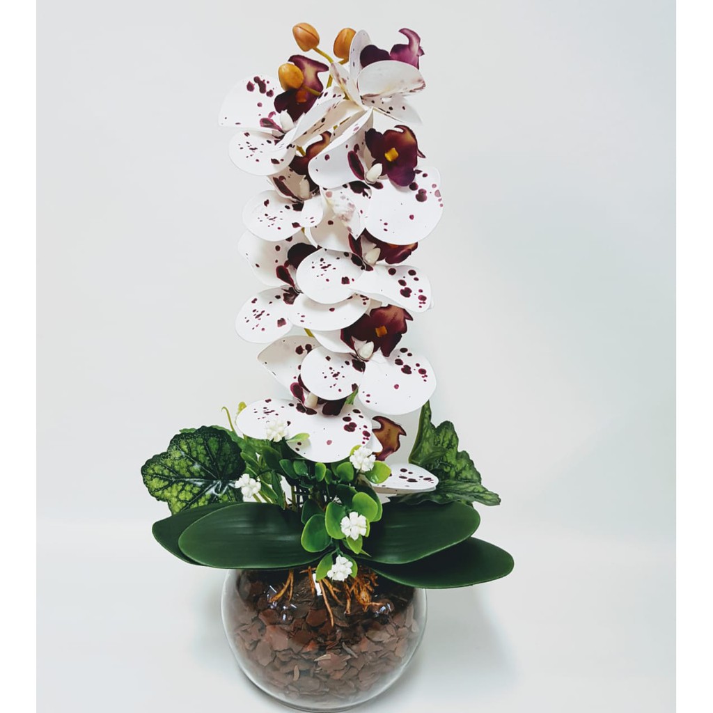 Orquídeas Brancas C/ Pintas Artificiais Arranjo Completo Flores + Vaso  Vidro | Shopee Brasil