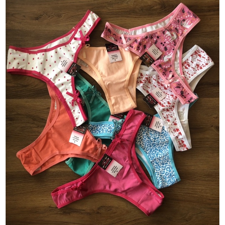 kit 12 Calcinhas tanga Básica com Lacinho 100% Algodão Anti alergica em Oferta na Shopee