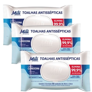 Lenço Umedecido ou Toalhas Antissépticas Mili 3 pacotes com 50 (Total: 150 toalhas)
