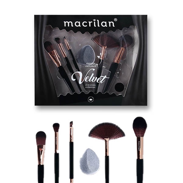 Kit Pinceis e Esponja Macrilan Velvet Preto Ed010a
