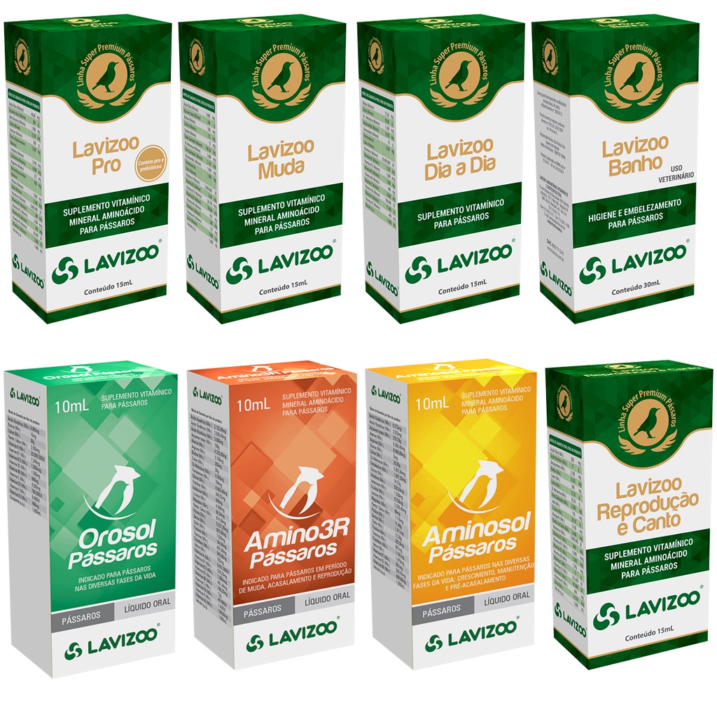 Lavizoo Passaros Suplementos Linha Super Premium Lavizoo Muda + Lavizoo Dia a Dia + Lavizoo Pro + Lavizoo Cálcio + Lavizoo Banho + Reprodução e Canto + AminoStress + Aminosol + Orosol