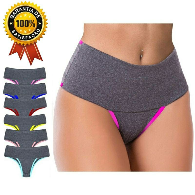 Kit 5 Calcinhas Fitness Cós Alto Calcinha Seca Barriga