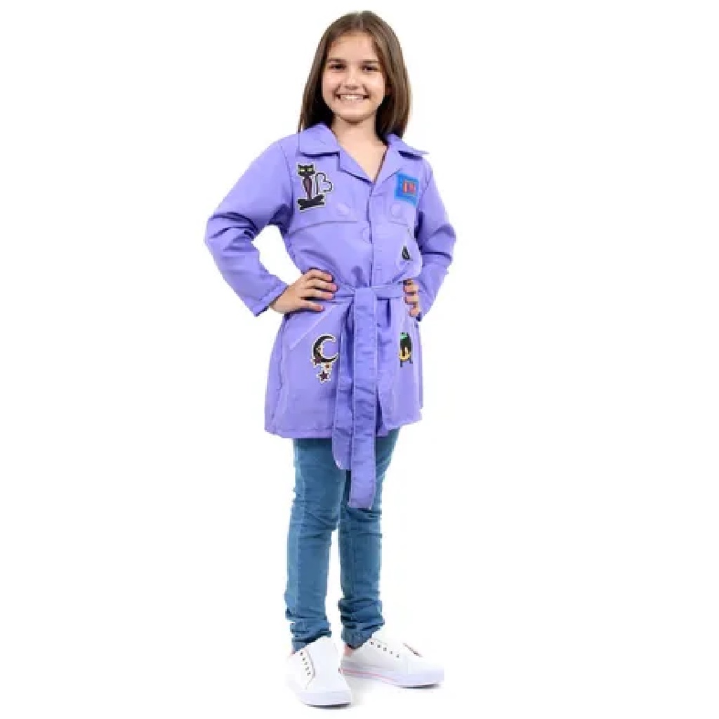 Fantasia DPA Roxo Berenice Roupa Detetives do Prédio Azul Capa Jaleco Gloob Original Super Magia