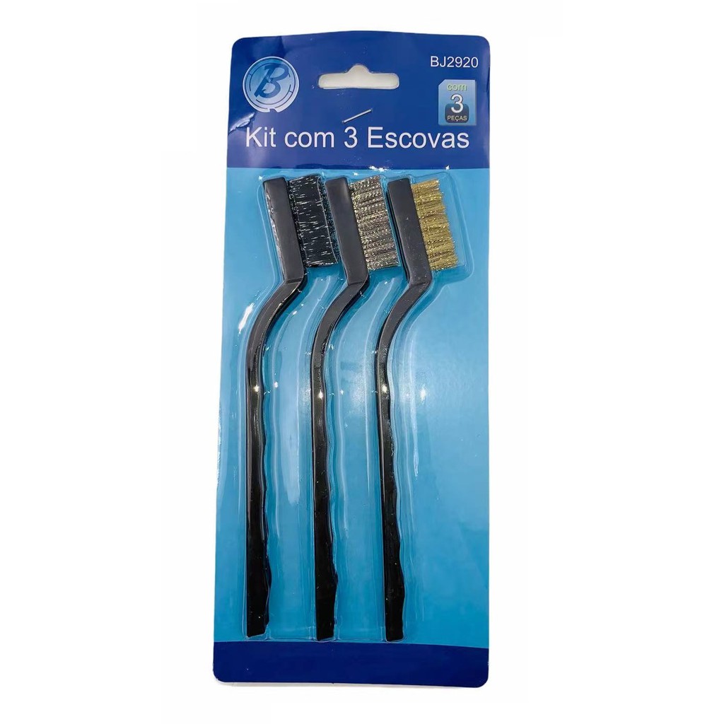 Escovas de Aço Multiuso Kit 3 Pcs Aço Latão Nylon Cabo Plástico