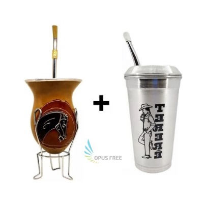 Kit Cuia Porongo Para Chimarrão com Bomba + Cuia Copo Térmico Para Tereré com Tampa e Bomba