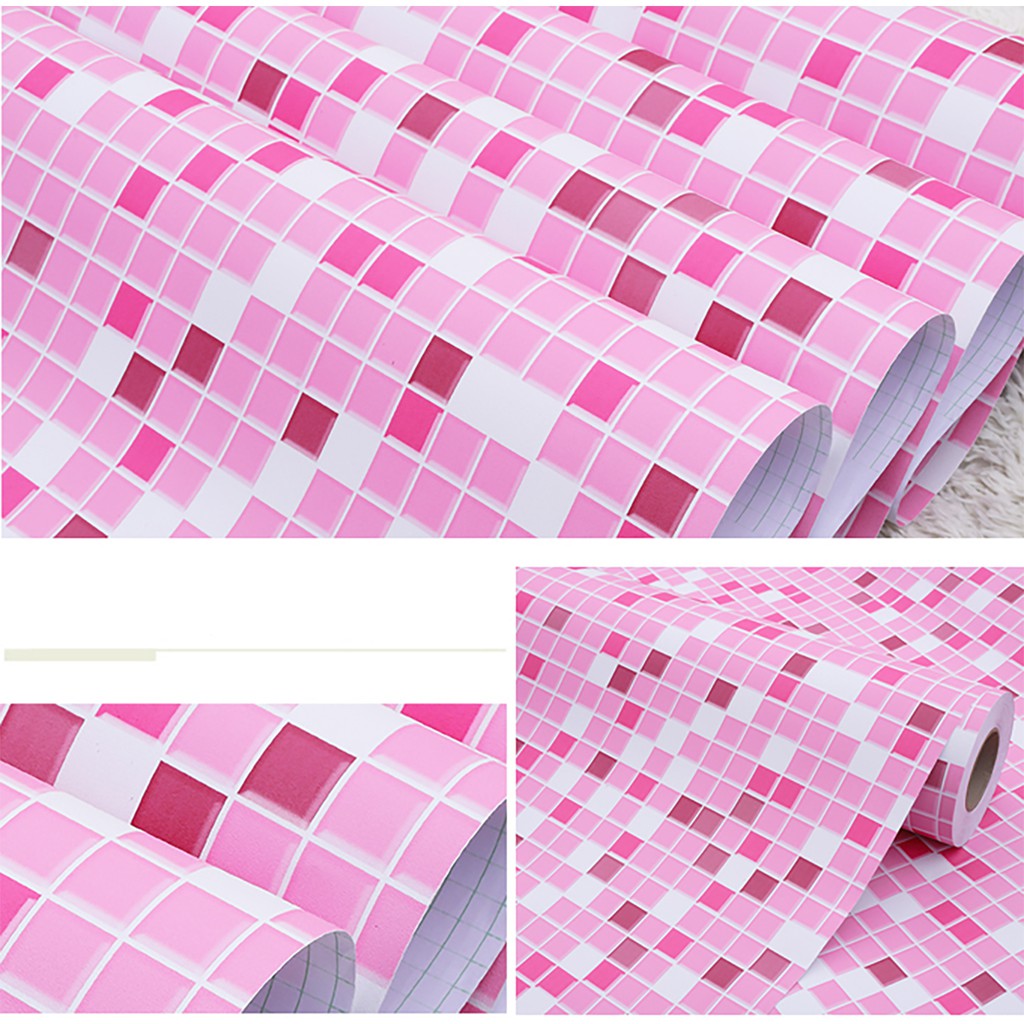 Papel De Parede Autocolante Pastilha De Vidro 3mx61cm Com Textura Rosa Fosco Lavável Resistente