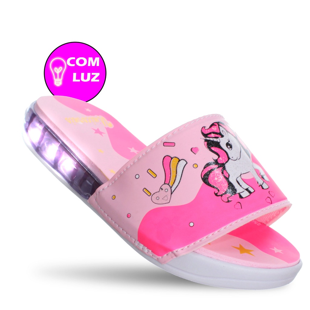 Chinelo Slide Crianca Unicornio Rosa Com Luzinha de Led Infantil Feminina Menina Promocao