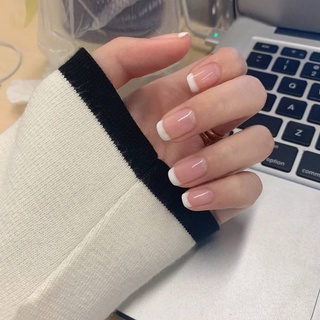 24 Pçs/Caixa Com Cola Unhas Postiças Francesinhas Nude Rosa Borda Brilhante/Adesivos De Unha