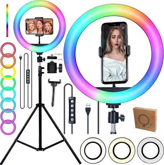 Ring Light Profissional Anel de Led Luz Iluminador Rgb Colorido Hing Light 26cm 10 Polegadas Universal Celular + Tripé